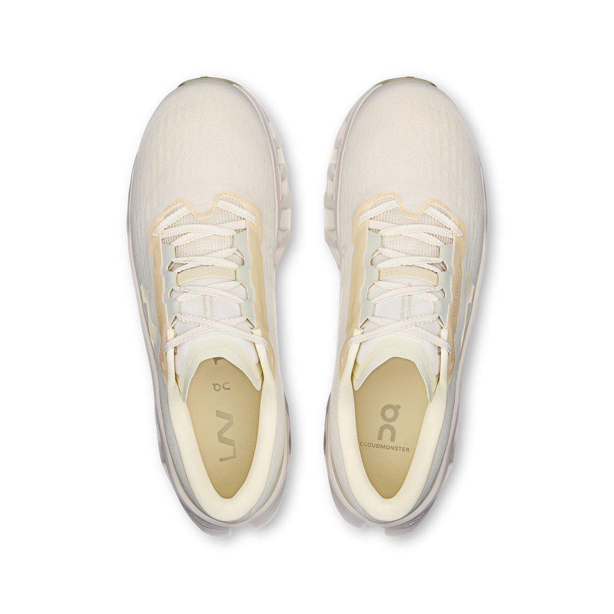 Men's On Cloudmonster 3 LN1 Running Shoes Ivory Ray top view showing engineered knit upper with Lane 1 edition design for comfortable daily running