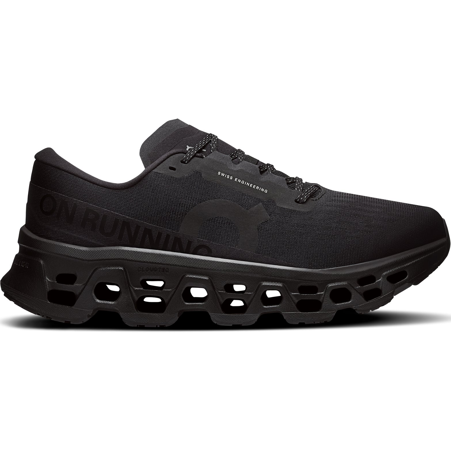 Men's On Cloudmonster 3 Running Shoes Black Black outer side view showing triple-layer CloudTec cushioning system and enhanced rocker shape