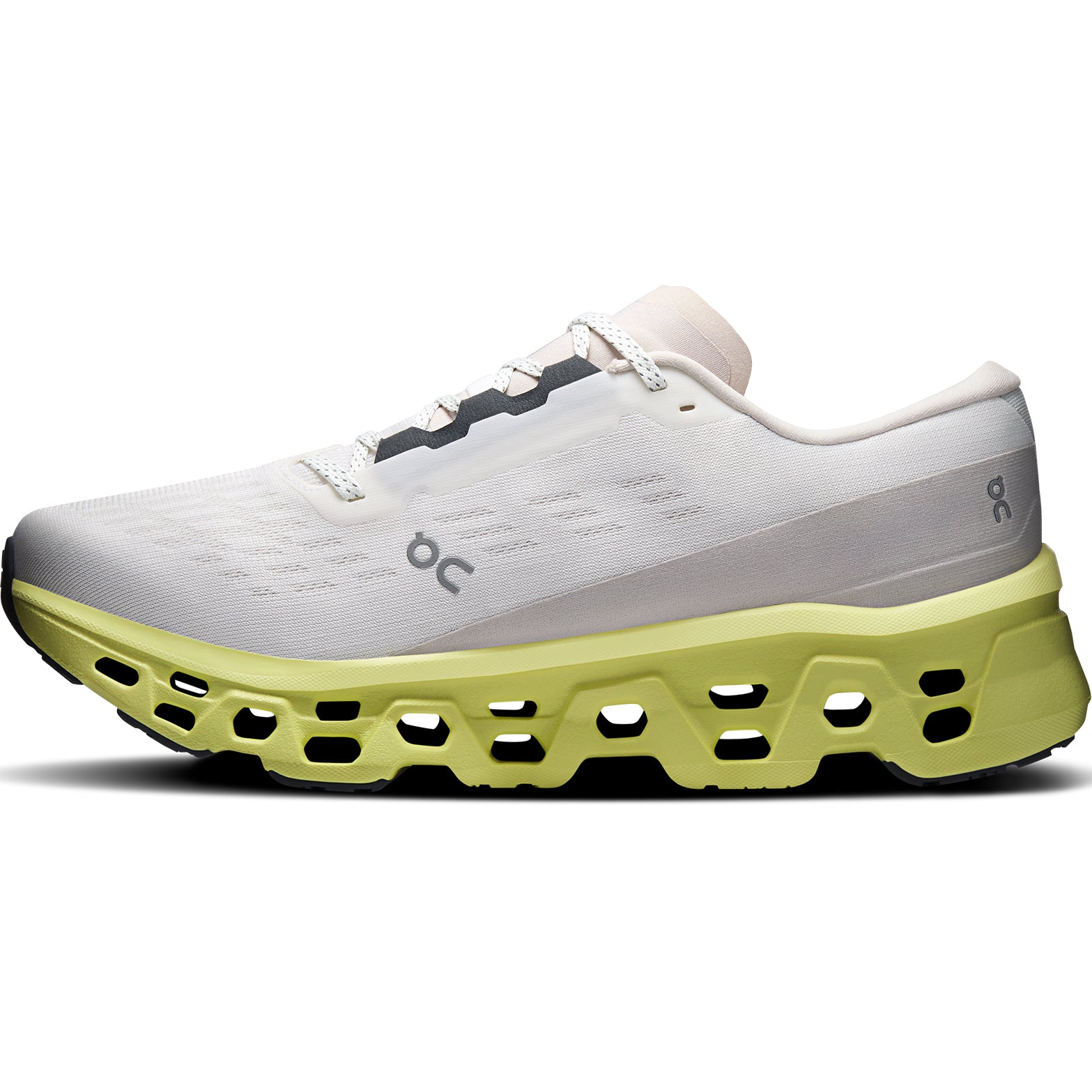 Men's On Cloudmonster 3 Running Shoes Ivory Limelight inner side view showing CloudTec technology with Speedboard propulsion and Helion foam for everyday training