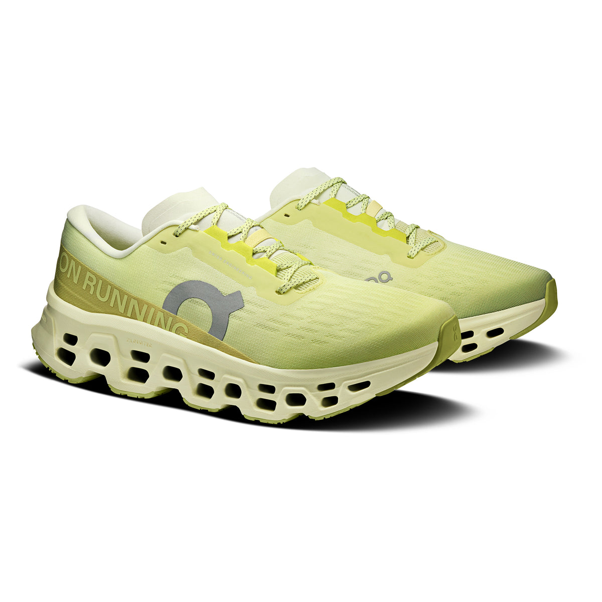 Men's On Cloudmonster 3 Running Shoes Limelight Seedling angled side view showing triple-layer CloudTec cushioning, enhanced rocker geometry and Speedboard propulsion