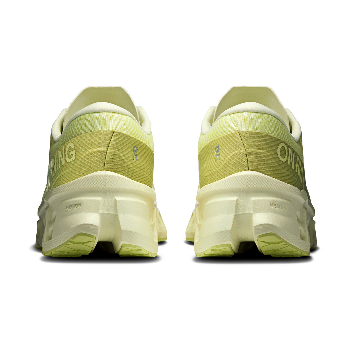 Men's On Cloudmonster 3 Running Shoes Limelight Seedling heel view showing triple-layer CloudTec stack height and Helion foam construction