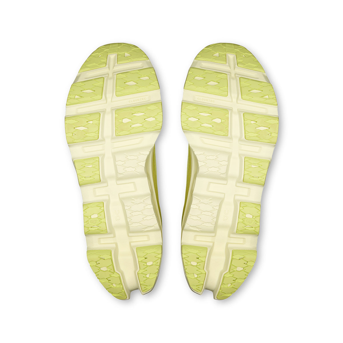 Men's On Cloudmonster 3 Running Shoes Limelight Seedling sole view displaying compressed rubber outsole and triple-layer CloudTec cushioning pods