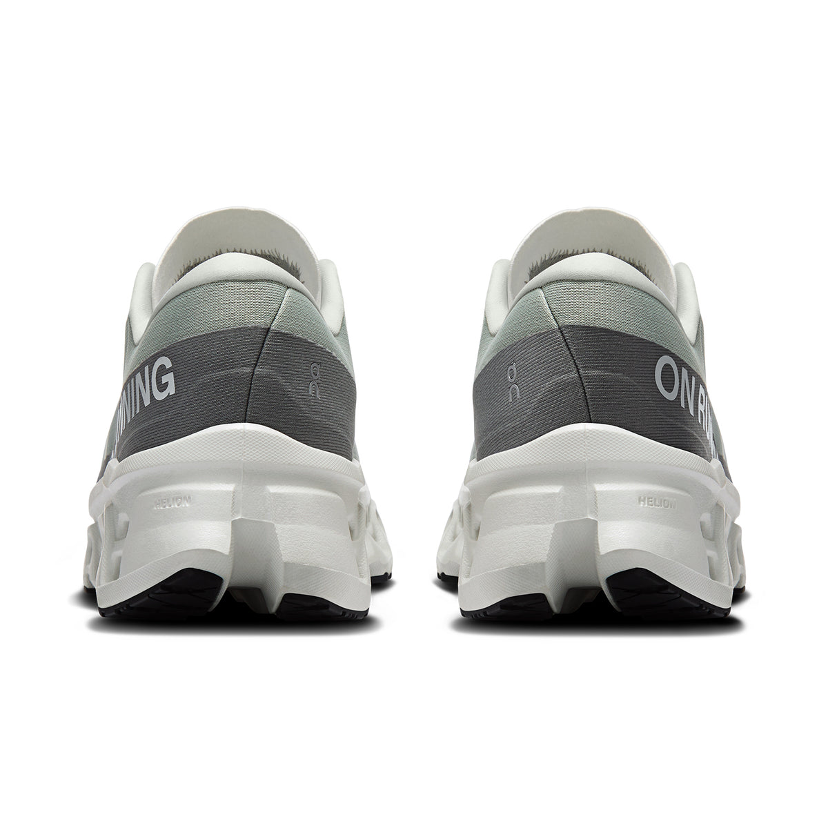 On Cloudmonster 3 men's running shoe in Tin / Ivory — heel view showing enhanced rocker heel geometry, padded collar and ivory triple-layer CloudTec® midsole contrast