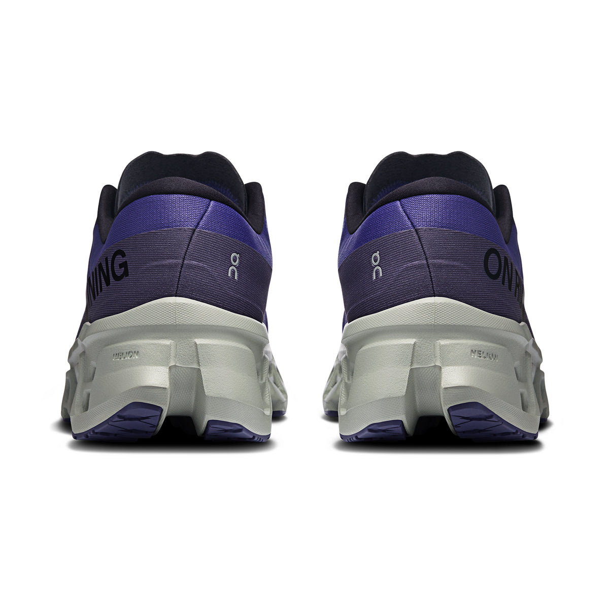 Men's On Cloudmonster 3 Running Shoes Twilight White heel view showing triple-layer CloudTec stack height and Helion foam construction