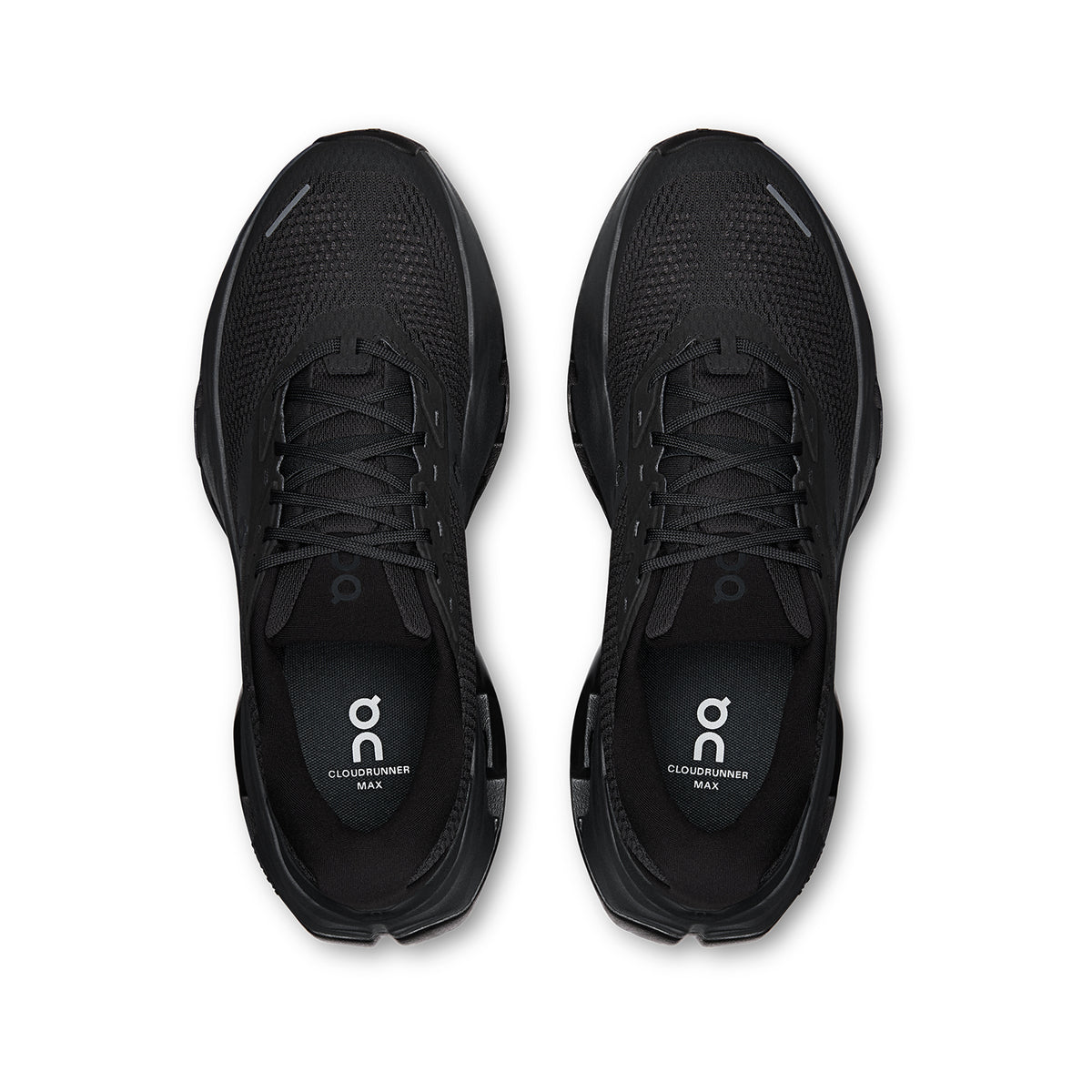 Men's On Cloudrunner 3 Max Running Shoes Black Black top view showing engineered mesh upper with plush heel and tongue for breathable secure supported daily road running