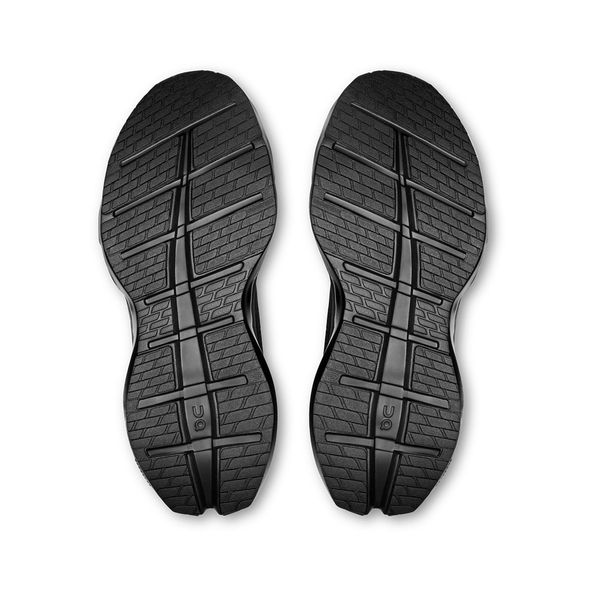 Men's On Cloudrunner 3 Max Running Shoes Black Black sole view displaying enhanced rubber outsole with wide base and stability-engineered CloudTec geometry for traction and lateral suppor