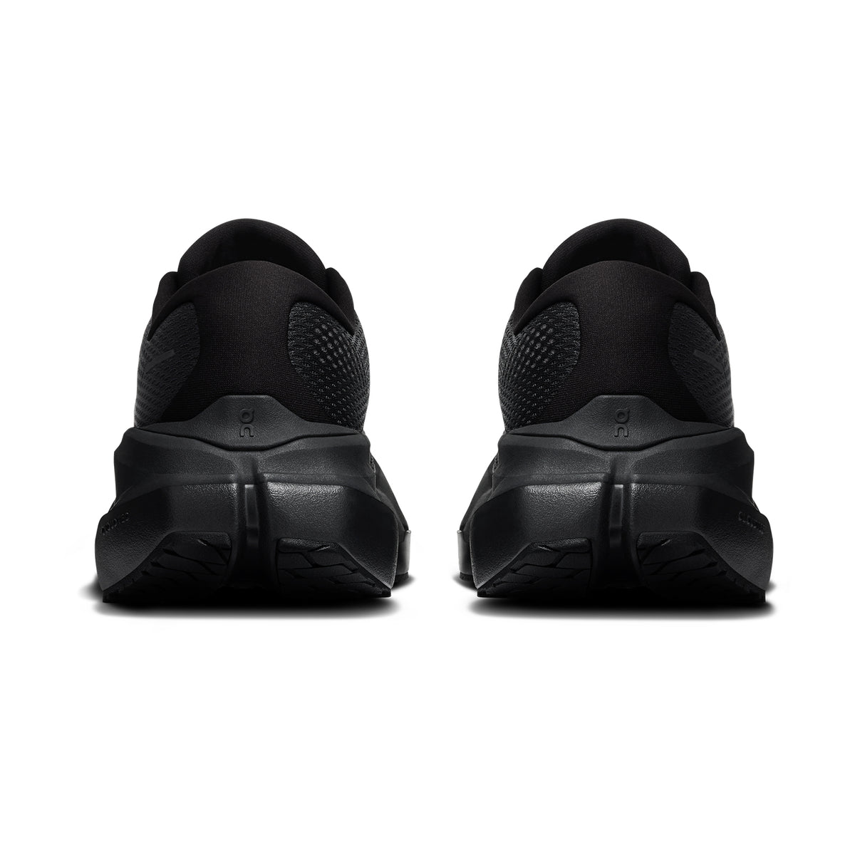 Men's On Cloudrunner 3 Max Running Shoes Black Black heel view showing dual-foam midsole with heel clip and plush tongue for secure lockdown and cushioned supported daily running
