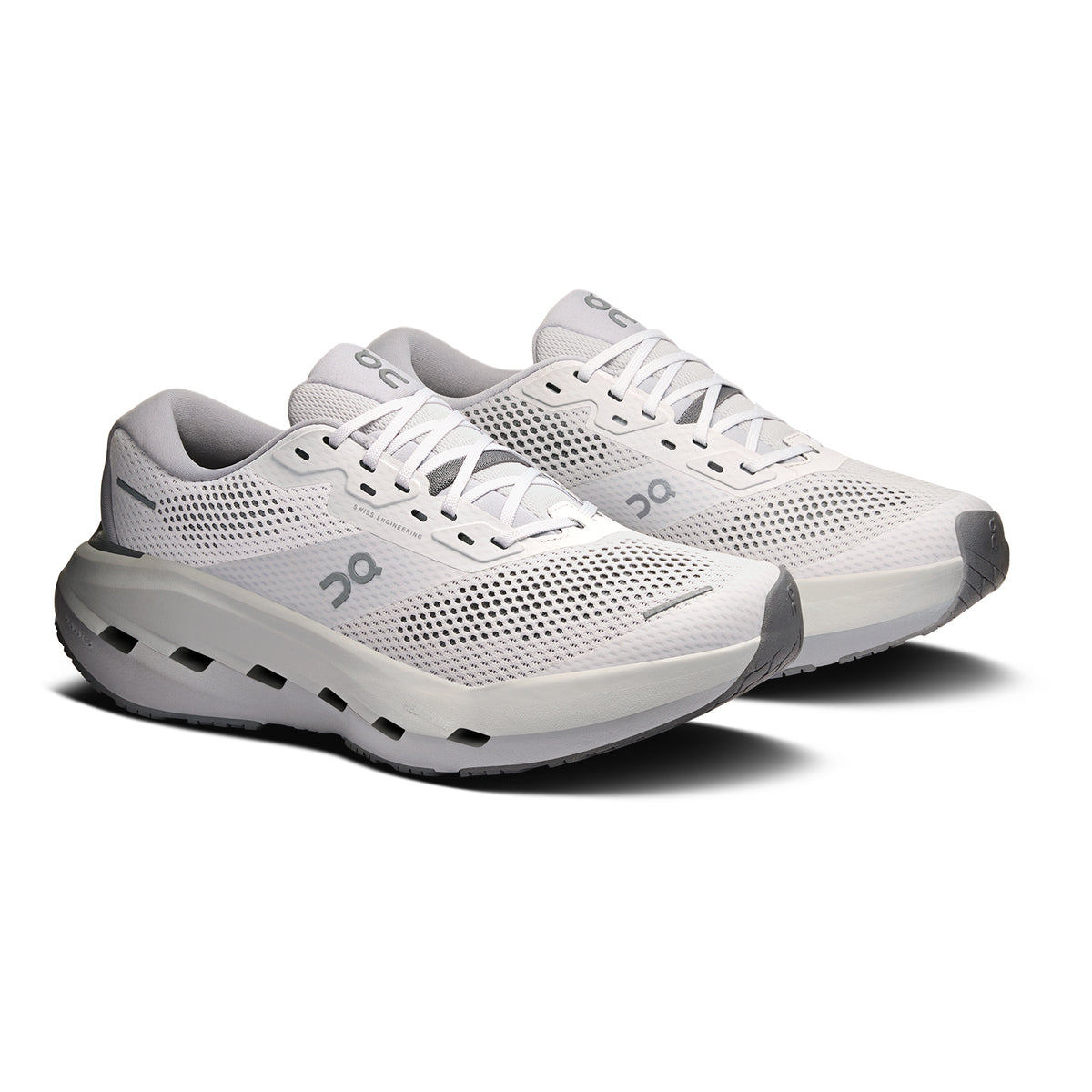 Men's On Cloudrunner 3 Max Running Shoes Frost Rock angled side view of pair showing stability-engineered CloudTec with Helion HF hyper foam midsole, wide base and enhanced rubber outsole for max cushion max support daily running