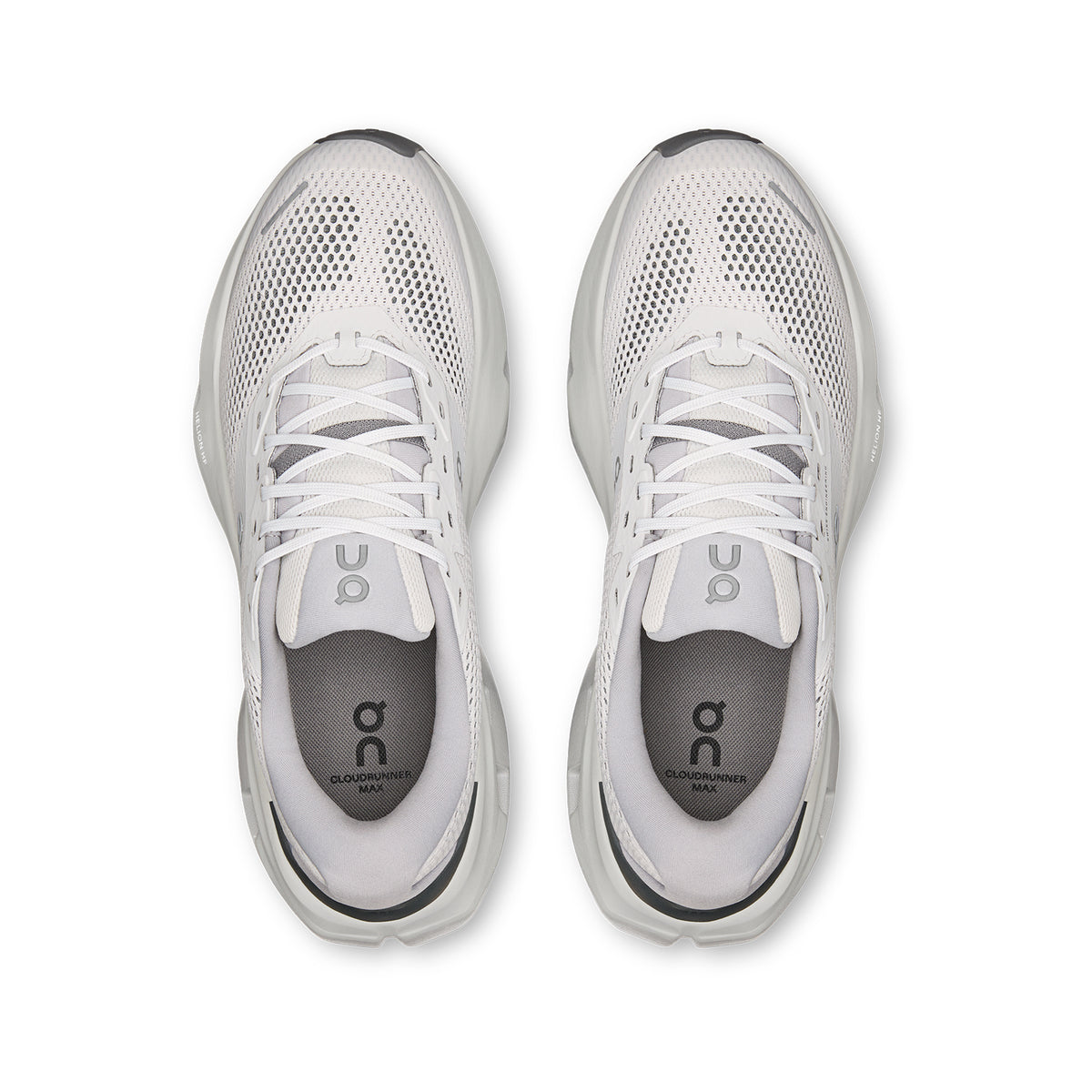 Men's On Cloudrunner 3 Max Running Shoes Frost Rock top view showing engineered mesh upper with plush heel and tongue for breathable secure supported daily road running