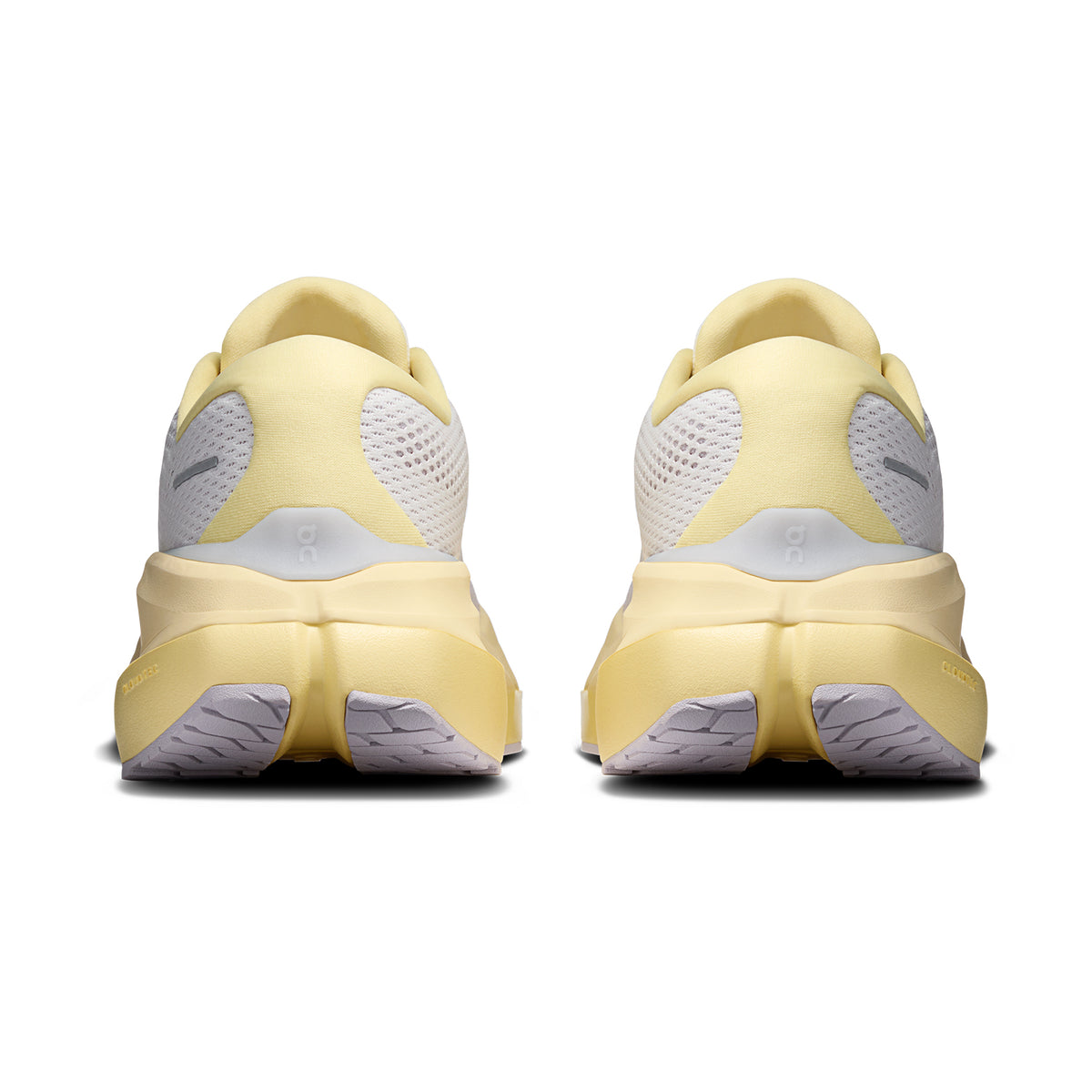 Men's On Cloudrunner 3 Max Running Shoes Ivory Dijon heel view showing dual-foam midsole with heel clip and plush tongue for secure lockdown and cushioned supported daily running