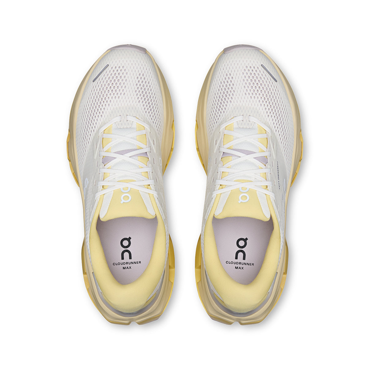 Men's On Cloudrunner 3 Max Running Shoes Ivory Dijon top view showing engineered mesh upper with plush heel and tongue for breathable secure supported daily road running