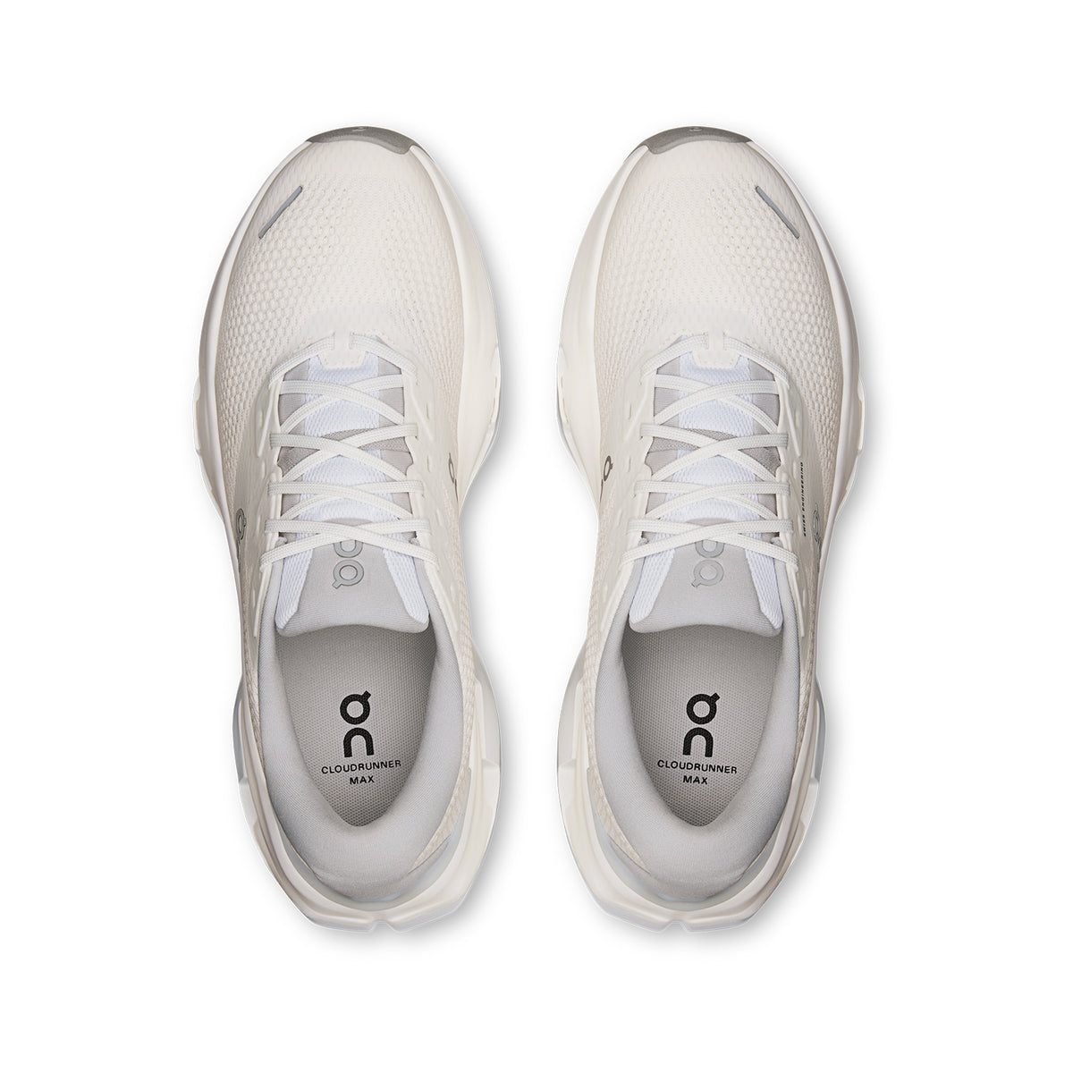 Men's On Cloudrunner 3 Max Running Shoes White Glacier top view showing engineered mesh upper with plush heel and tongue for breathable secure supported daily road running