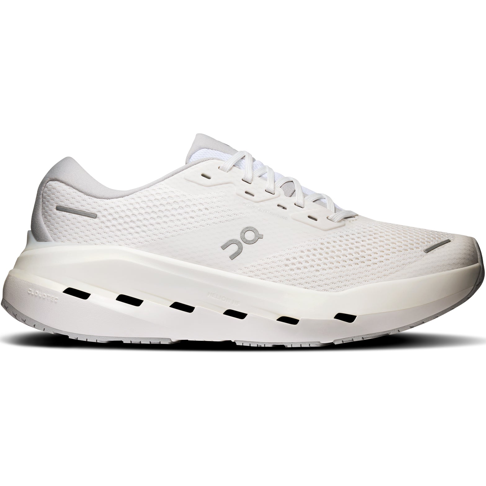 Men's On Cloudrunner 3 Max Running Shoes White Glacier outer side view showing stability-engineered CloudTec cushioning with dual-layer Helion HF hyper foam midsole and wide base for supported daily running