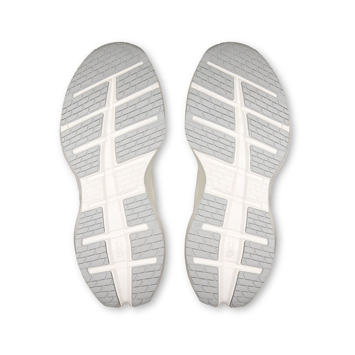 Men's On Cloudrunner 3 Max Running Shoes White Glacier sole view displaying enhanced rubber outsole with wide base and stability-engineered CloudTec geometry for traction and lateral support