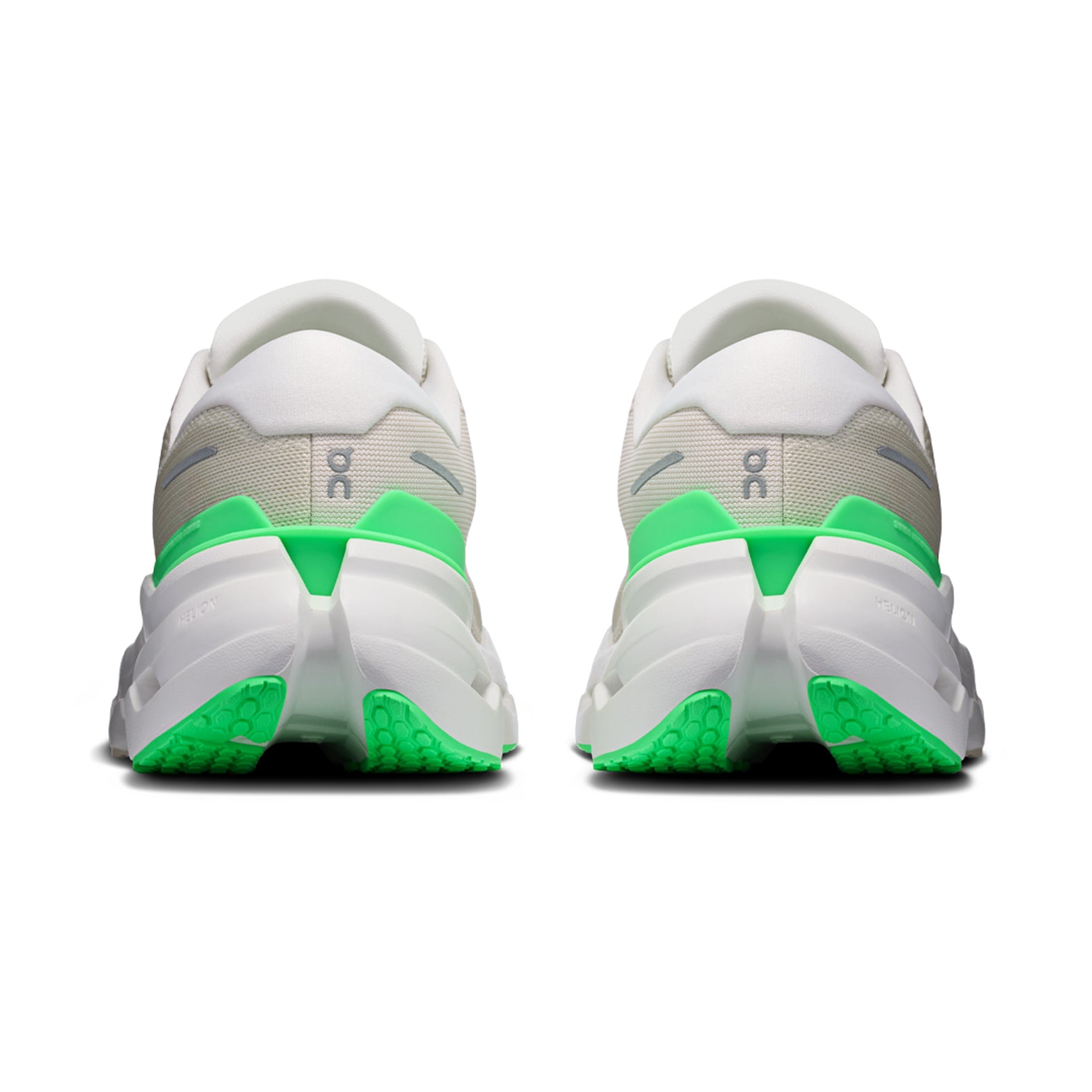 Men's On Cloudrunner 3 Running Shoes Ghost Verdite heel view showing asymmetrical heel clip with plush heel construction and Helion foam for supportive stable daily running