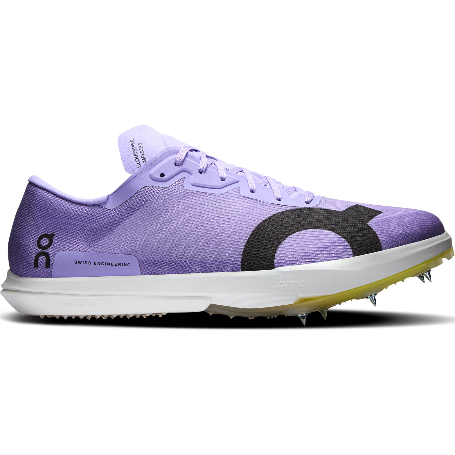 Men's On Cloudspike Amplius 2 Track Spikes Purple Yellow outer side view showing CloudTec cushioning system with Helion HF hyper foam and midfoot shank plate