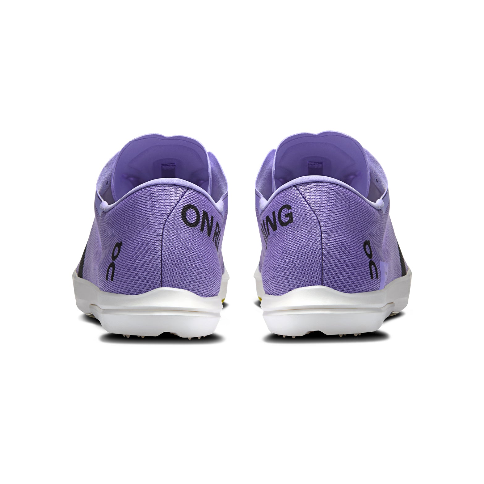 Men's On Cloudspike Amplius 2 Track Spikes Purple Yellow heel view showing CloudTec cushioning, Helion HF hyper foam and race-legal track spike construction