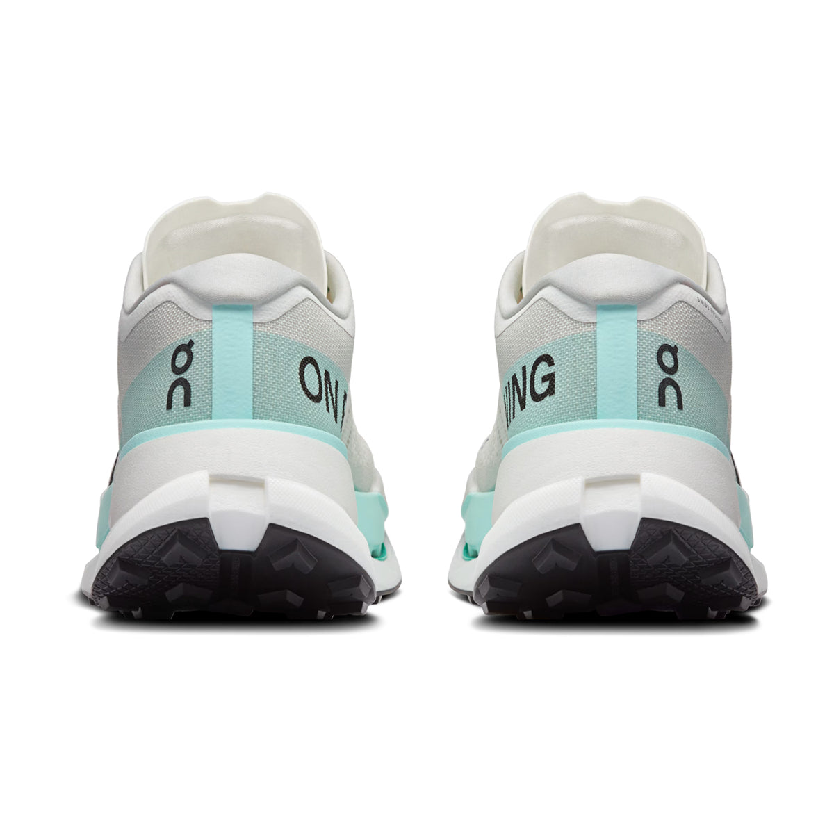 Men's On Cloudultra Pro Trail Running Shoes Ivory Celeste heel view showing dual-layer Helion HF hyperfoam with Speedboard rebound and engineered rocker for maximum efficiency during ultra-distance running