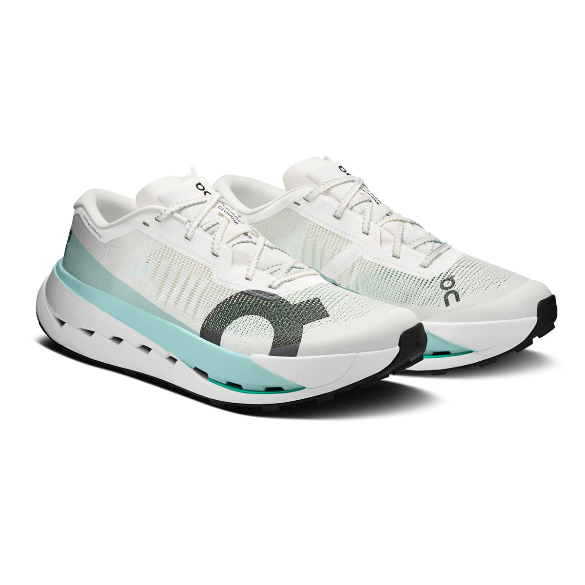 Men's On Cloudultra Pro Trail Running Shoes Ivory Celeste angled side and heel view showing Helion HF hyperfoam dual midsole with MissionGrip outsole and zoned Leno weave upper for elite-level ultra-trail endurance performance