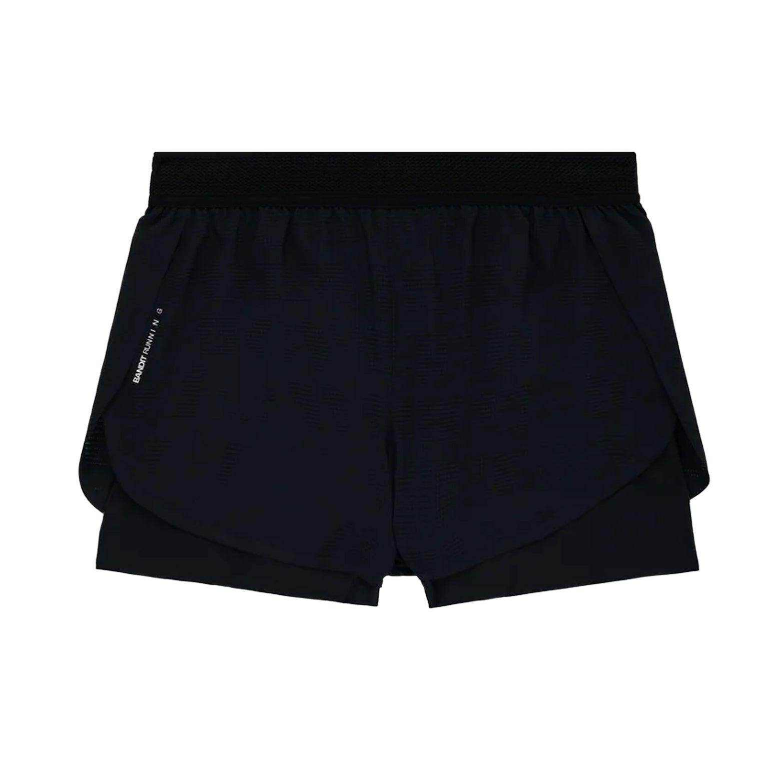 Men's Bandit CoolGrid 2-in-1 Run Short Black front product view showing CoolGrid breathable outer with mesh waistband and reflective branding on right leg