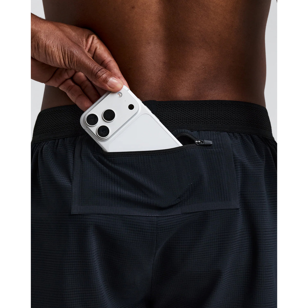 Men's Bandit CoolGrid 3 Inch Split Shorts Black close-up of phone pocket