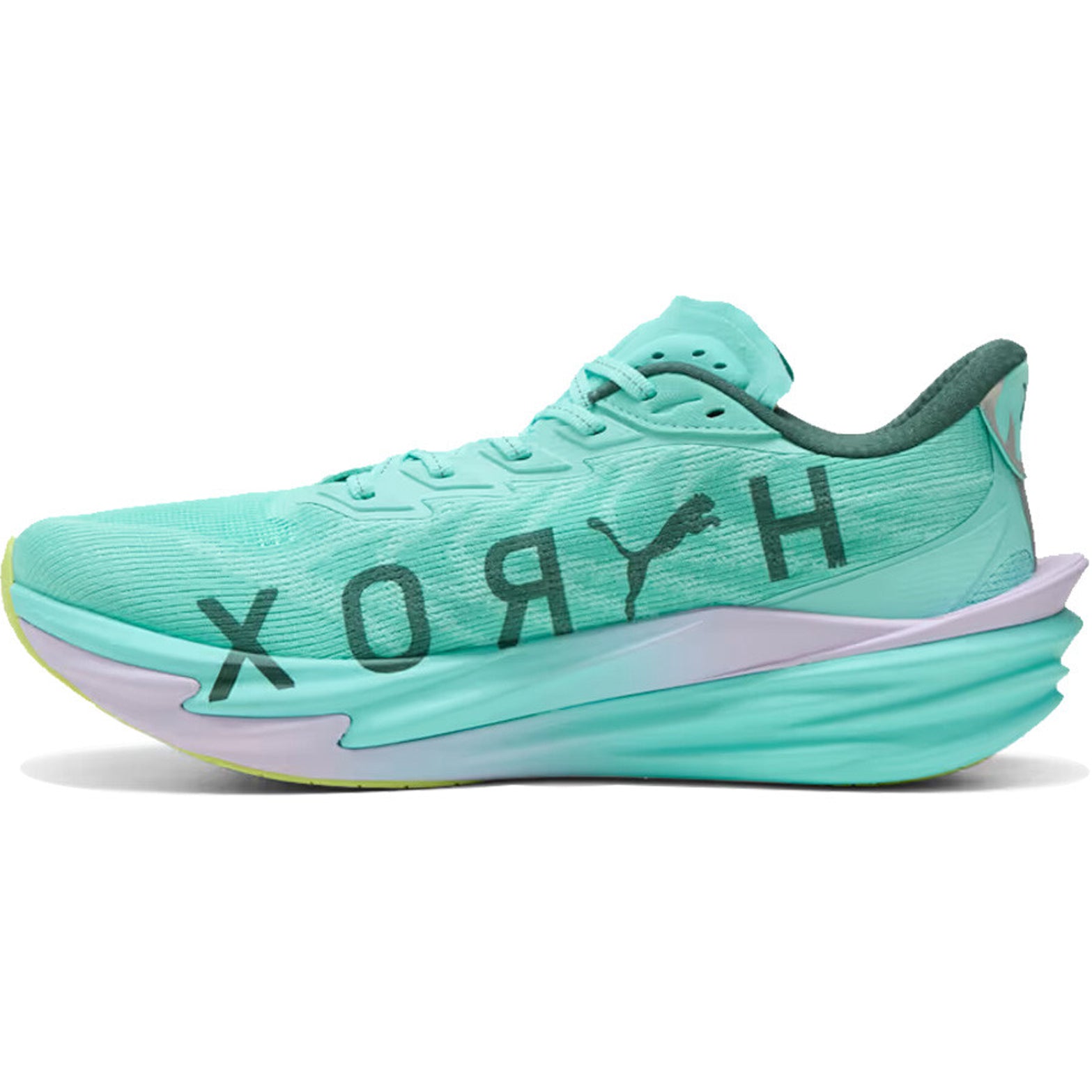 Men's Puma Deviate NITRO 4 HYROX Running Shoes Intense Mint Light Lavender inner side view showing carbon fibre PWRPLATE with NITROFOAM cushioning for energy transfer and midsole stability during HYROX competition