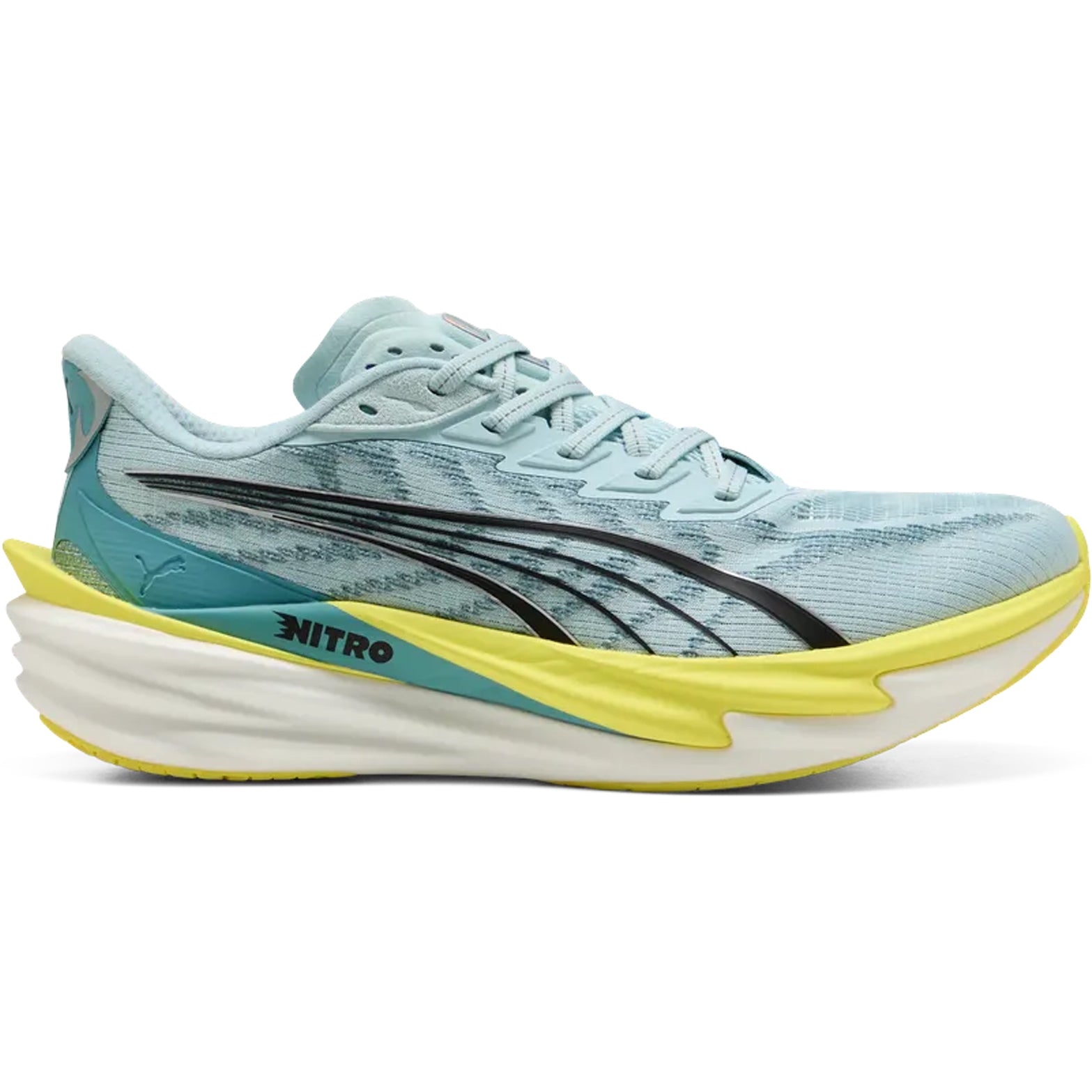 Men's Deviate NITRO 4 Running Shoes Baltic Sea Blue Fresh Water inner side view showing enhanced NITROFOAM midsole and carbon composite PWRPLATE