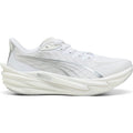 The Men’s Deviate NITRO 4 Running Shoes by Puma come in Puma White and Feather Grey, featuring a sleek, modern design with silver accents, a textured pattern on the side, and a subtle Puma logo. Built with a thick, cushioned NITROFOAM sole, these shoes embody the performance of a carbon racing shoe.