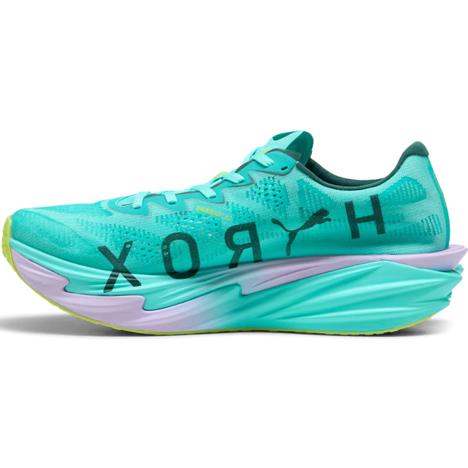 Men's Puma Deviate NITRO Elite 4 HYROX Running Shoes Intense Mint Light Lavender inner side view showing carbon fibre PWRPLATE with NITROFOAM Elite cushioning for energy transfer during running intervals and fitness stations