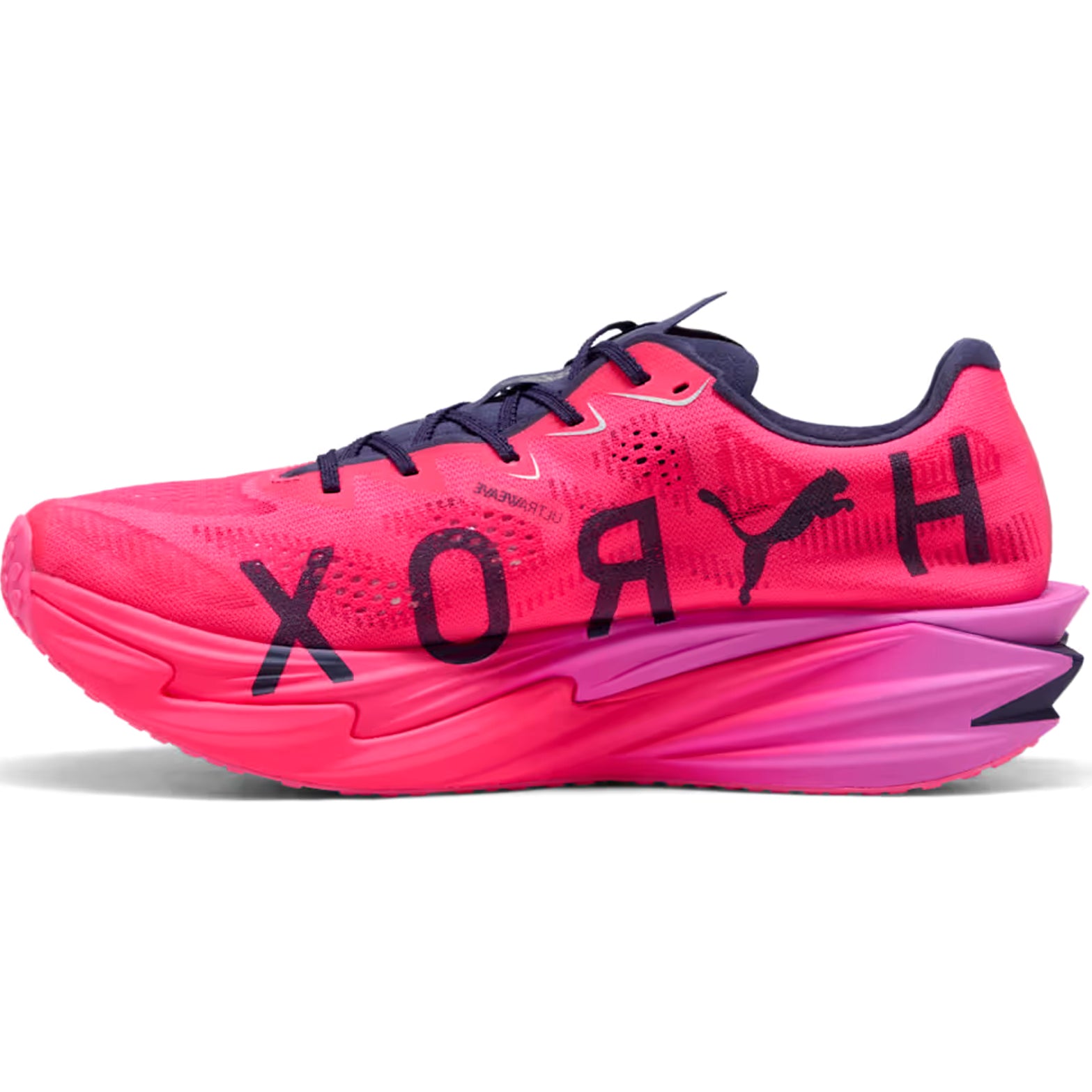 Men's PUMA Deviate NITRO Elite 4 HYROX Running Shoes Pure Pink Electric Orchid Deep Plum inner side view showing NITROFOAM Elite cushioning and PUMA x HYROX collaboration design