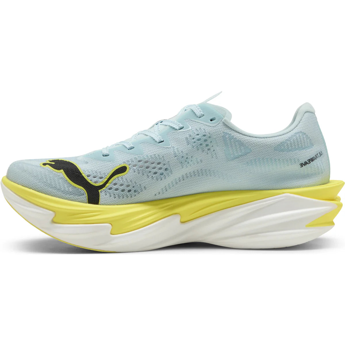Men's PUMA Deviate NITRO Elite 4 Running Shoes Fresh Blue Yellow inner side view showing NITROFOAM Elite cushioning and 12% lighter racing construction