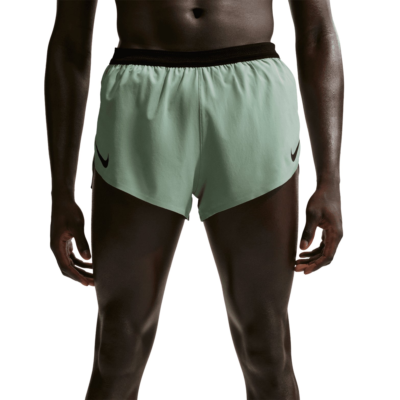 Men's Nike Dri-FIT AeroSwift ADV 2 Inch Running Shorts Steam Black front view on male runner showing 2-inch racing inseam with lightweight woven fabric and Dri-FIT ADV moisture-wicking technology