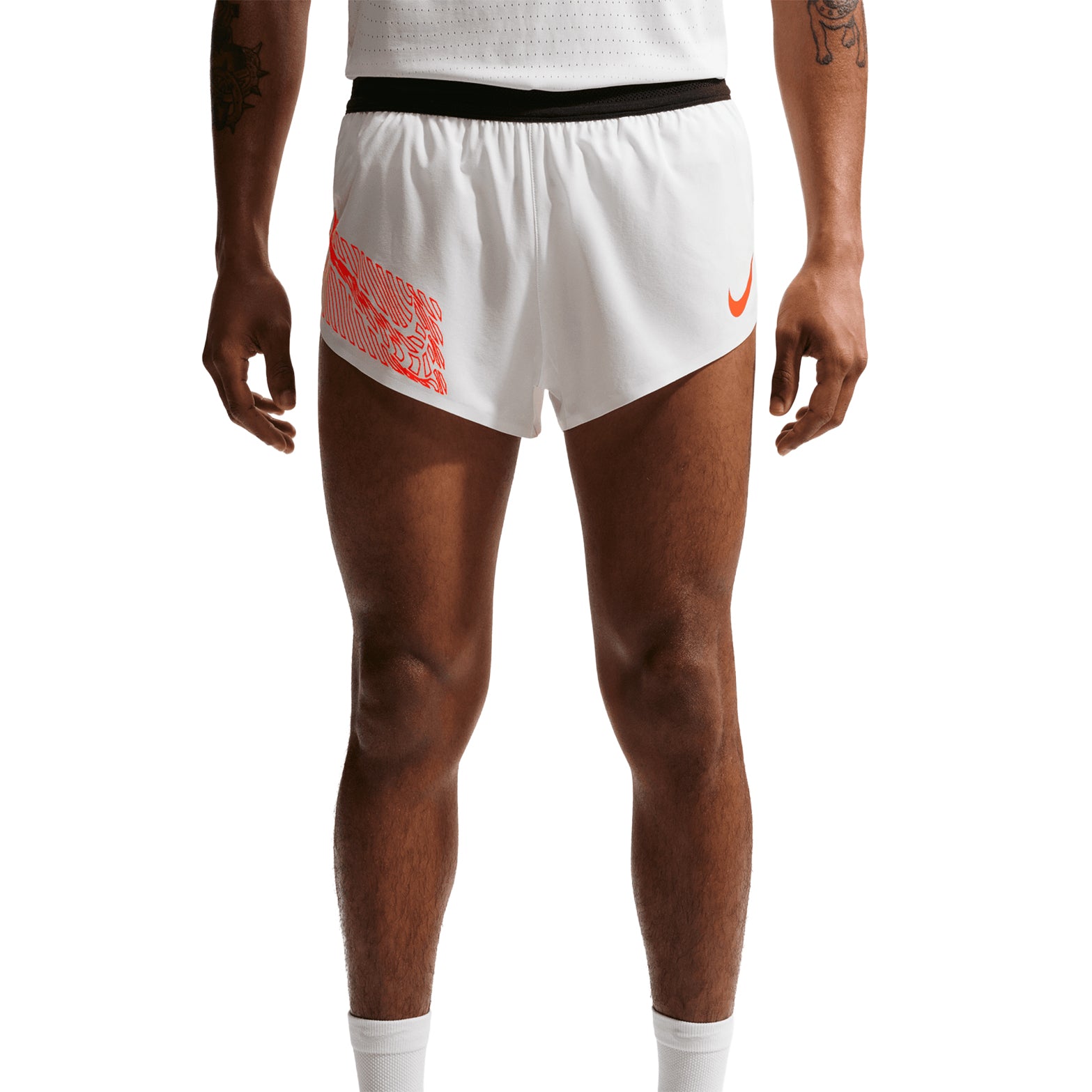 Nike Men's Dri-FIT AeroSwift ADV 2 inch shorts in Summit White — front view worn on model showing summit white four-way stretch woven fabric, Flyvent waistband and four drop-in pockets
