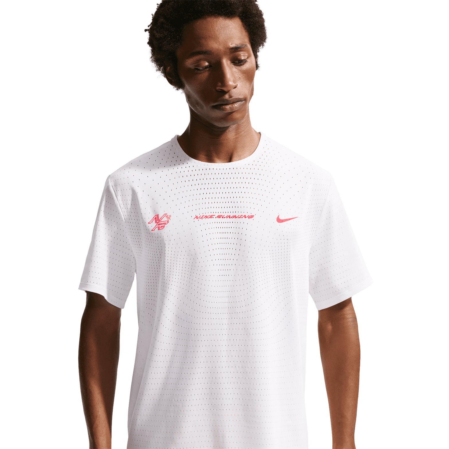 Nike AeroSwift men's Dri-FIT ADV running tee in Summit White — front product shot showing summit white lightweight engineered knit fabric with bonded seams and streamlined racing fit