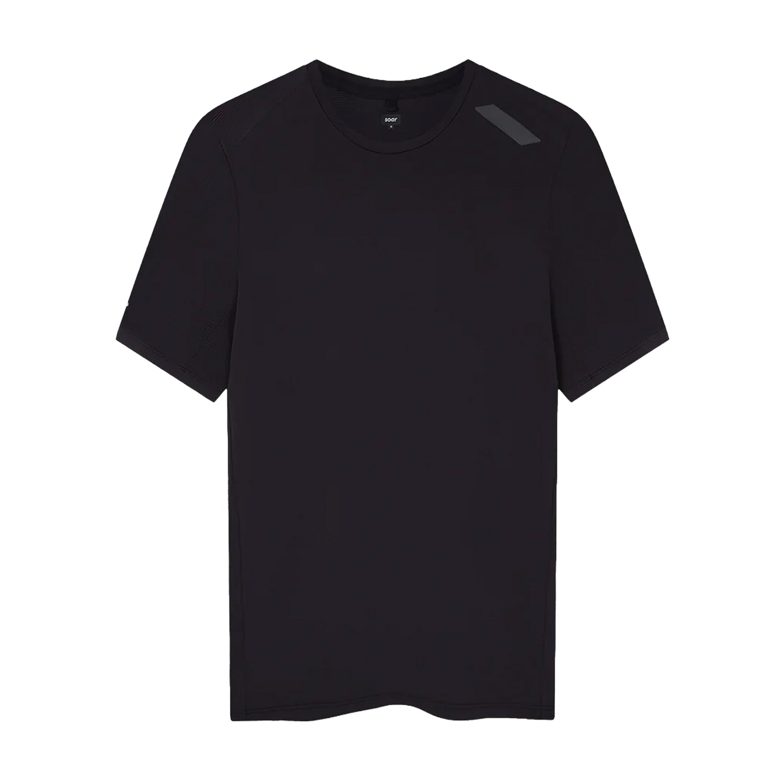 Men's Soar Eco Tech Tee Black front view showing standard fit, four-panel construction and reflective Soar logo