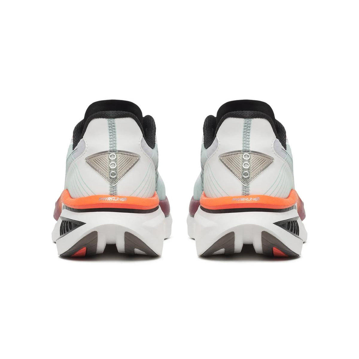 Saucony Endorphin Azura men's running shoe in White / Crimson — heel view showing padded heel collar construction, SpeedRoll heel geometry and crimson PWRRUN PB superfoam midsole contrast
