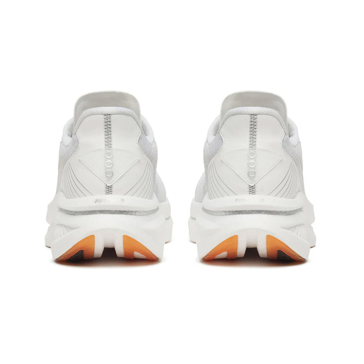 Men's Saucony Endorphin Azura Running Shoes White Gum heel view showing PWRRUN PB superfoam stack with padded heel collar and SpeedRoll geometry for cushioned plateless daily running