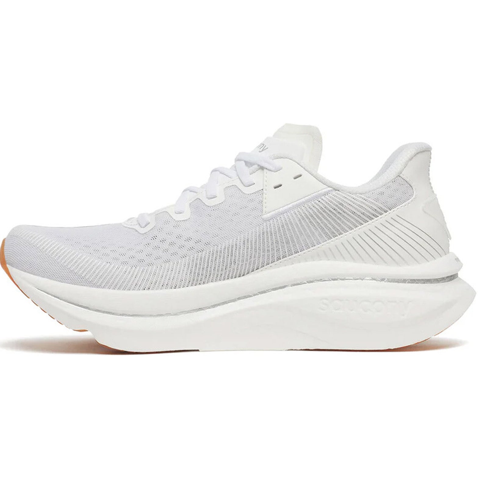 Men's Saucony Endorphin Azura Running Shoes White Gum inner side view showing 40mm heel PWRRUN PB superfoam with SpeedRoll geometry for smooth forward-rolling transitions