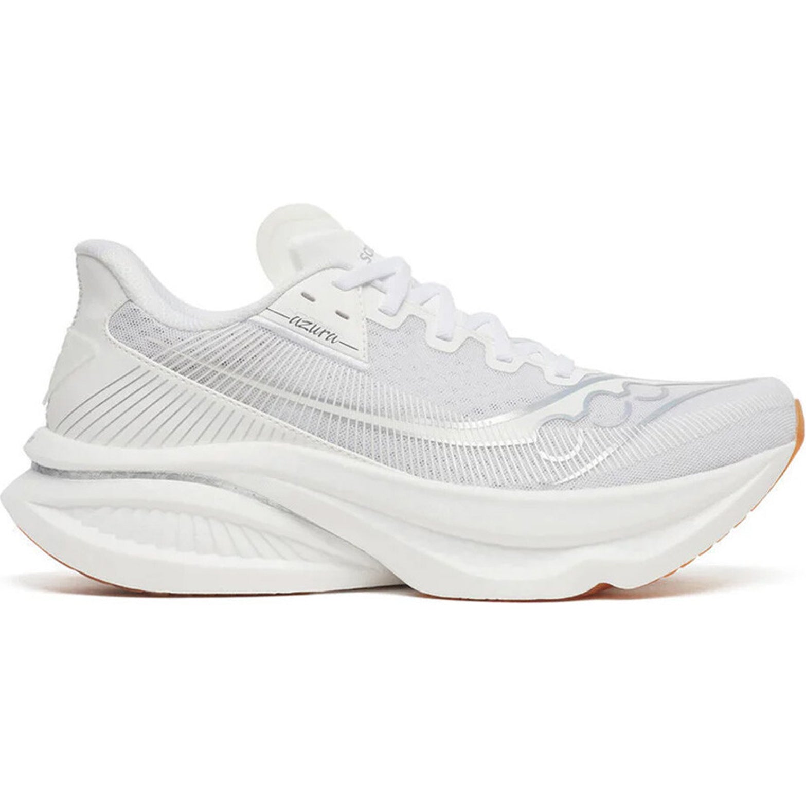 Men's Saucony Endorphin Azura Running Shoes White Gum outer side view showing PWRRUN PB superfoam midsole with SpeedRoll geometry for plateless daily road running