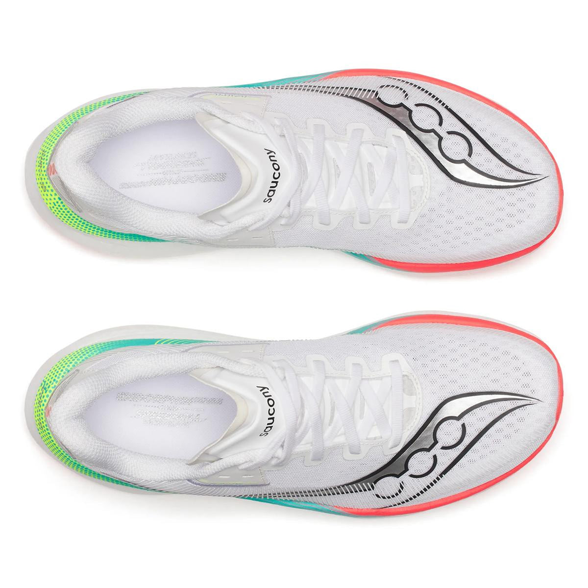 Men's Saucony Endorphin Azura Running Shoes White Multi top view showing lightweight engineered mesh upper with padded heel collar for breathable secure daily training