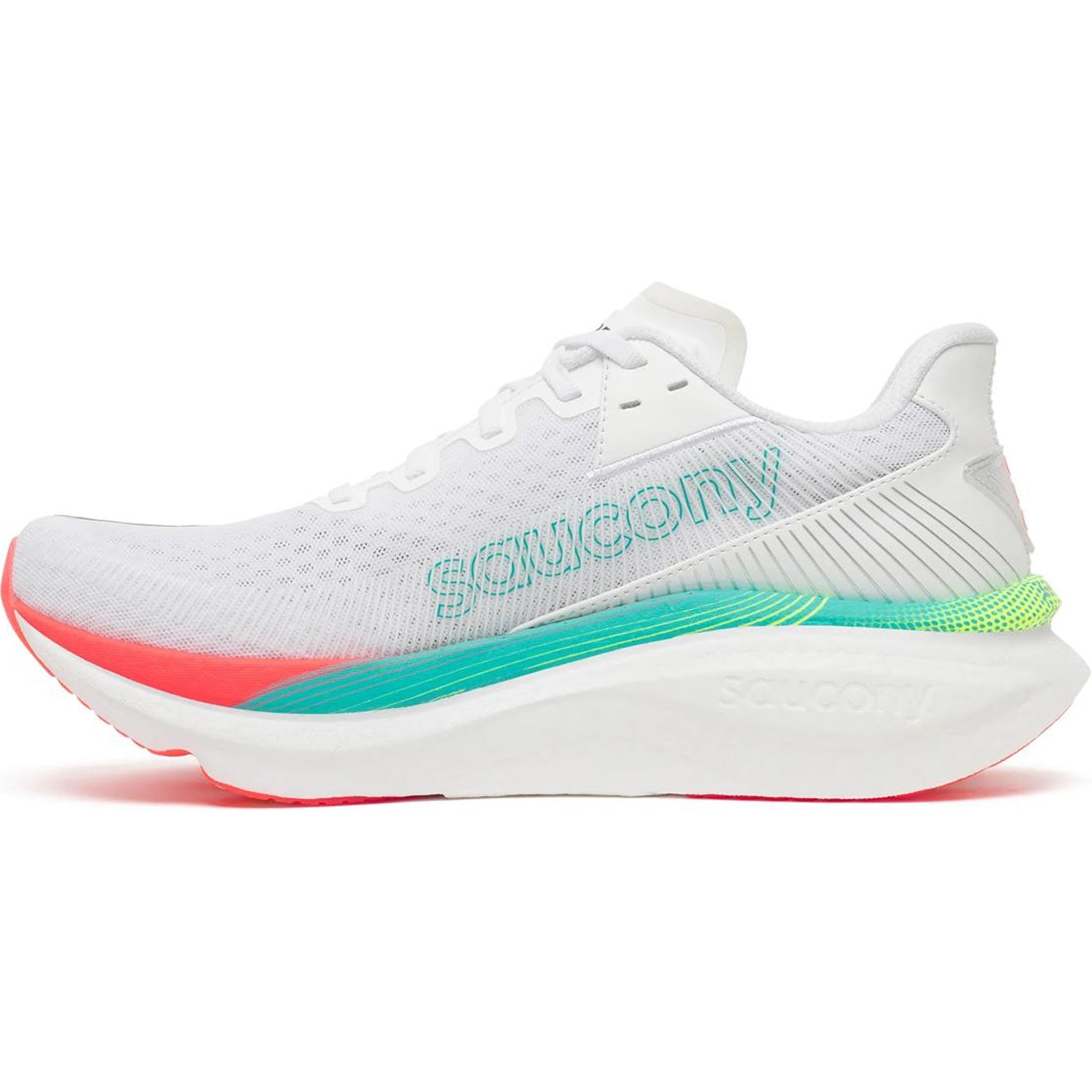 Men's Saucony Endorphin Azura Running Shoes White Multi inner side view showing 40mm heel PWRRUN PB superfoam with SpeedRoll geometry for smooth forward-rolling transitions