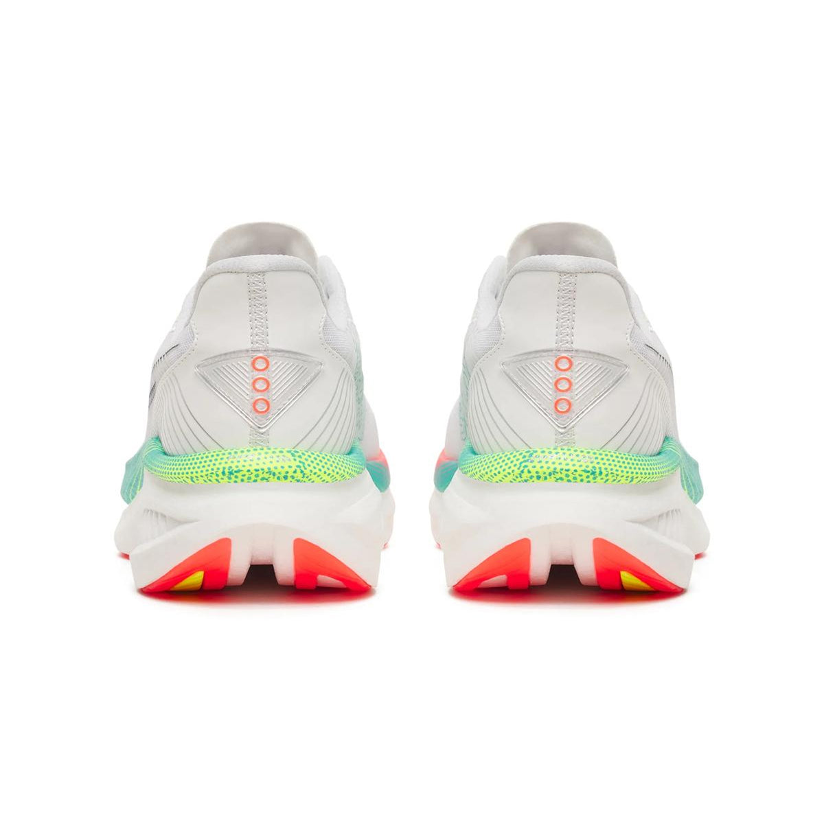 Men's Saucony Endorphin Azura Running Shoes White Multi heel view showing PWRRUN PB superfoam stack with padded heel collar and SpeedRoll geometry for cushioned plateless daily running