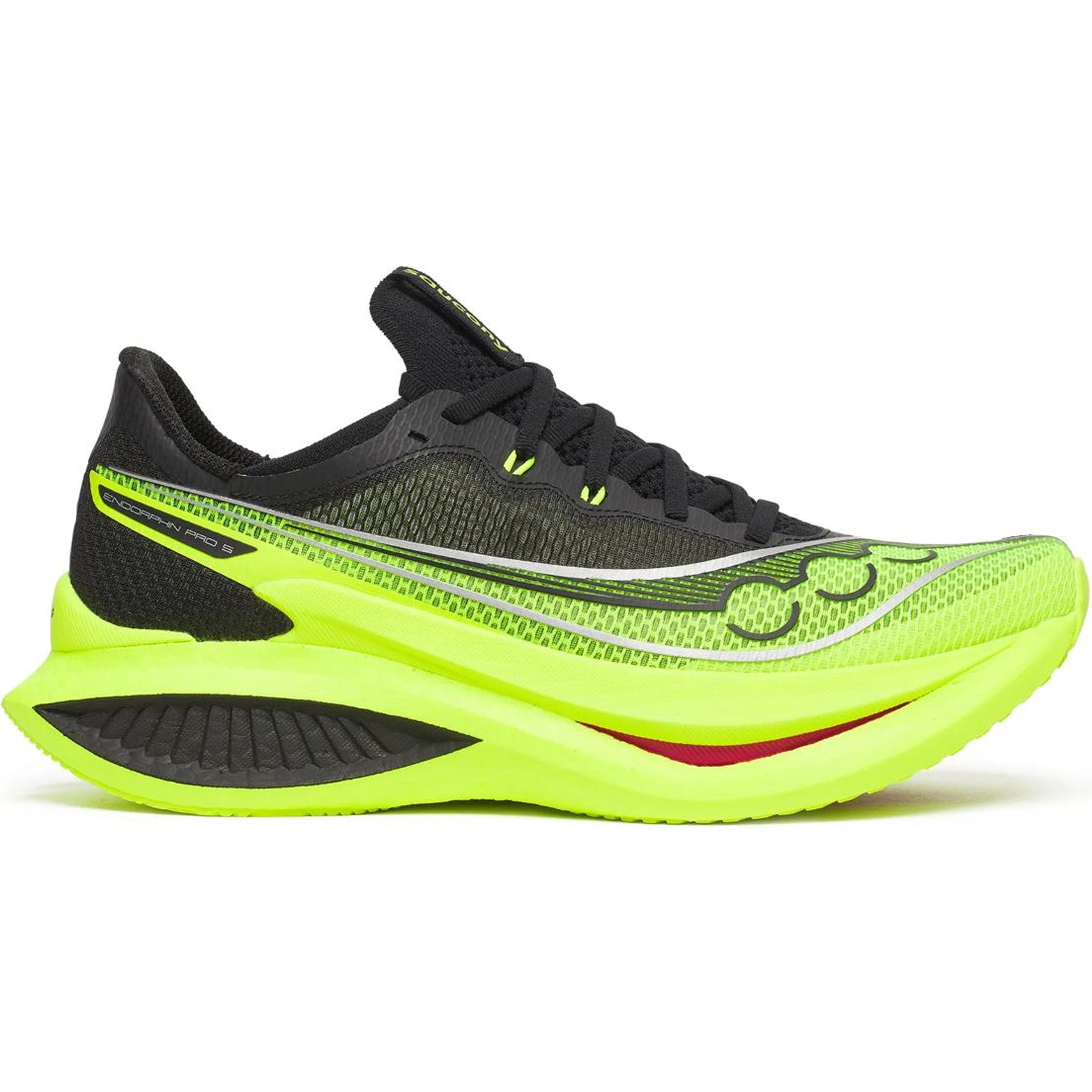 Men's Saucony Endorphin Pro 5 Running Shoes Citron Black outer side view showing dual-layer PWRRUN foam with Super Critical PWRRUN HG and new slotted carbon fibre plate