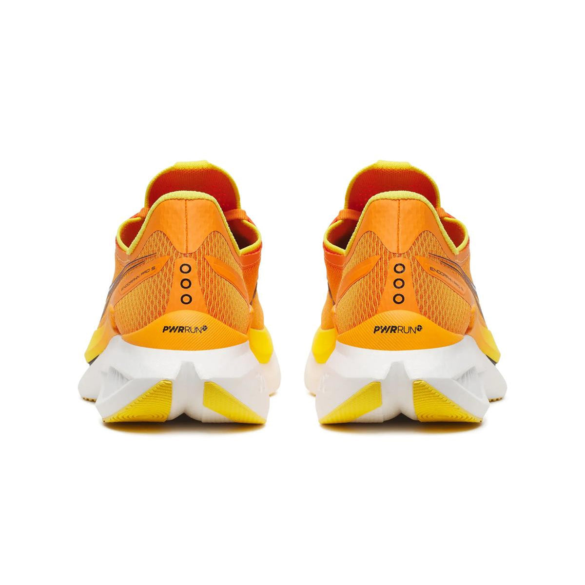A pair of Men’s Endorphin Pro 5 Running Shoes Fuego by Saucony, shown from the back, featuring vibrant orange uppers with yellow and white soles, silver detailing, and “PWRRUN” displayed above the heels—this carbon-plated racing shoe is engineered for ultimate speed on race day.