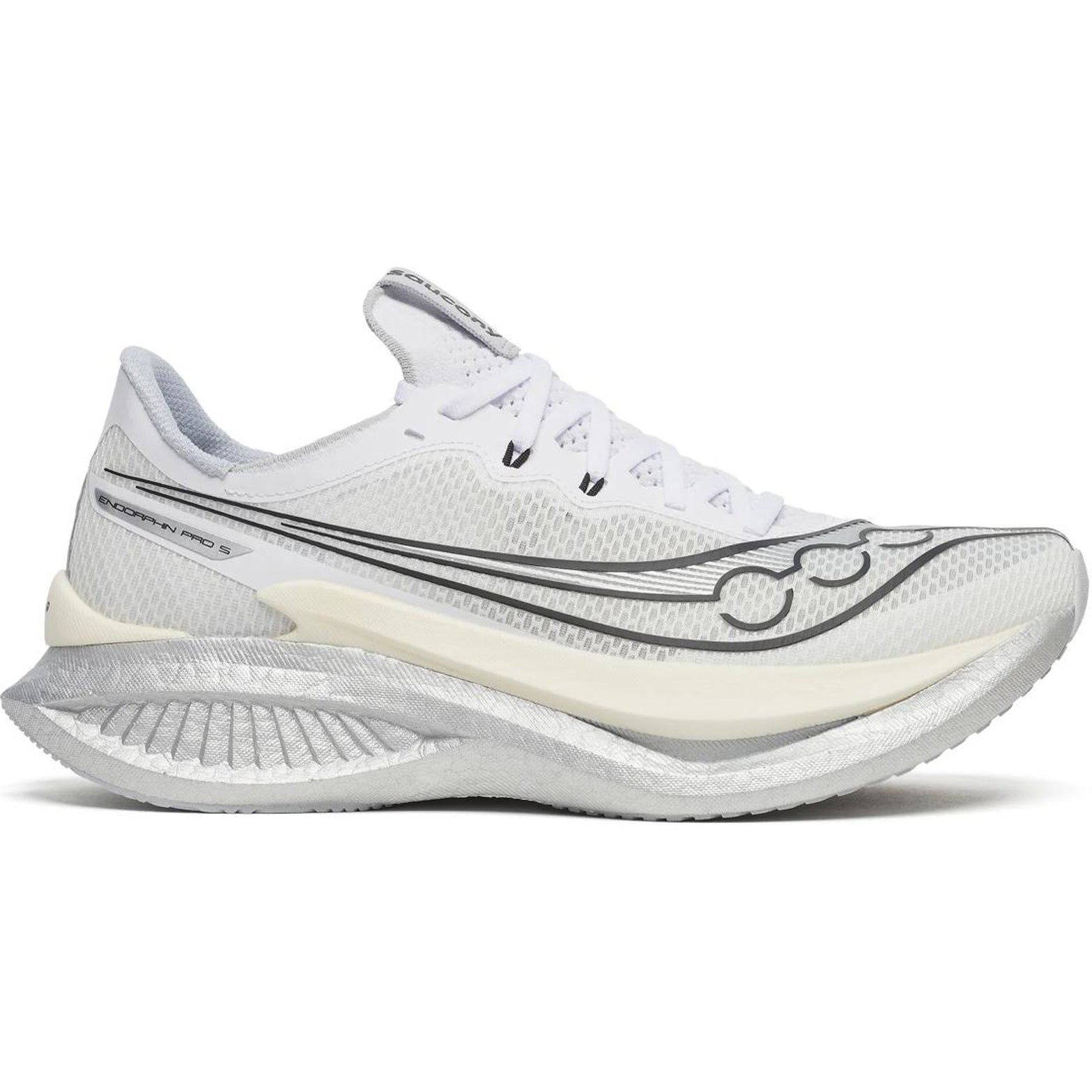 Men's Saucony Endorphin Pro 5 Running Shoes White Black outer side view showing dual-layer PWRRUN foam with Super Critical PWRRUN HG and new slotted carbon fibre plate