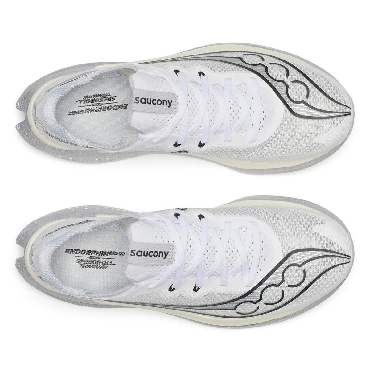 Men's Saucony Endorphin Pro 5 Running Shoes White Black top view showing lightweight racing upper construction with carbon-plated super shoe design