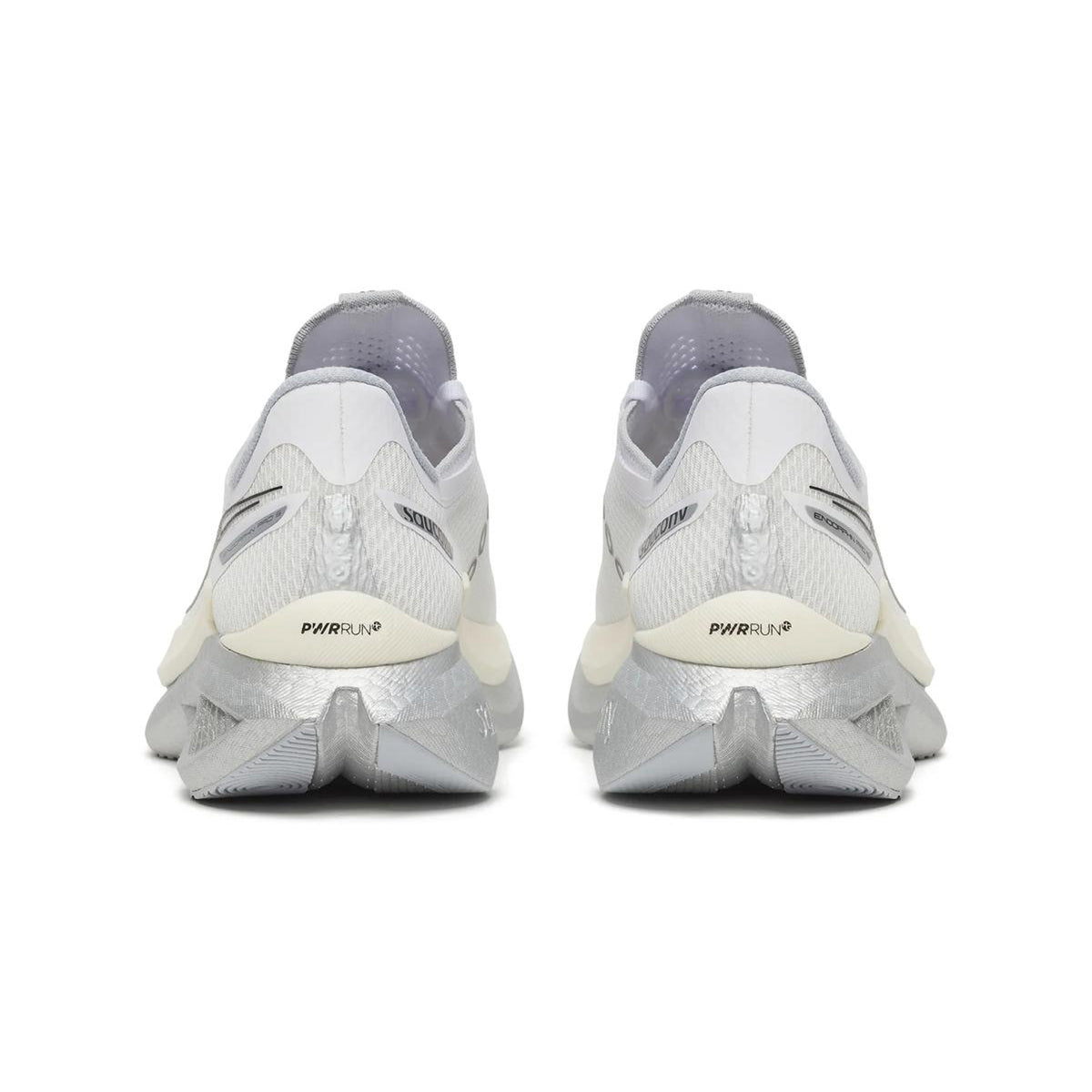 Men's Saucony Endorphin Pro 5 Running Shoes White Black heel view showing dual-layer PWRRUN foam stack with aggressive slotted carbon fibre plate