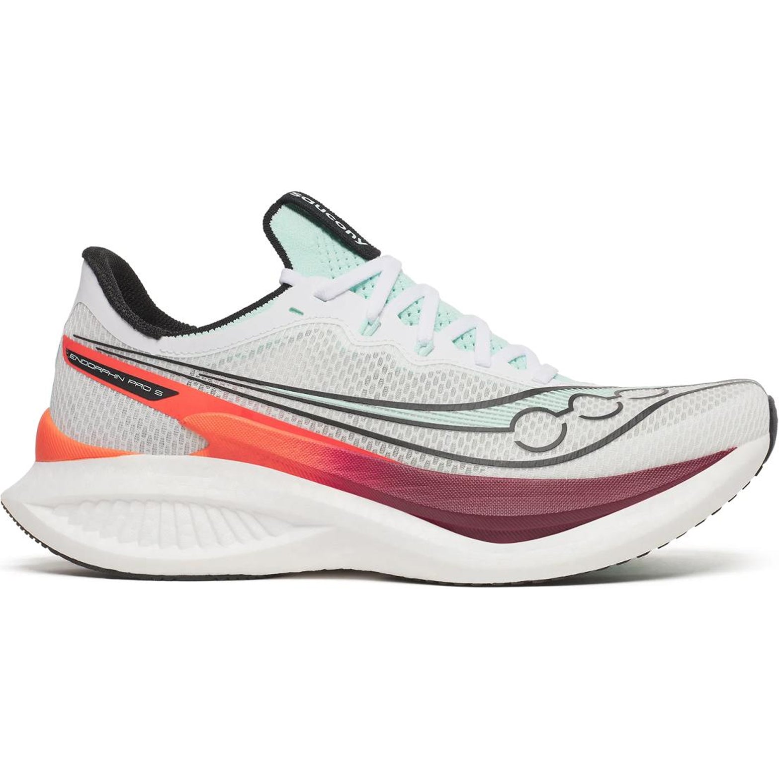 Men's Saucony Endorphin Pro 5 Running Shoes White Crimson outer side view showing dual-layer PWRRUN foam with Super Critical PWRRUN HG and new slotted carbon fibre plate