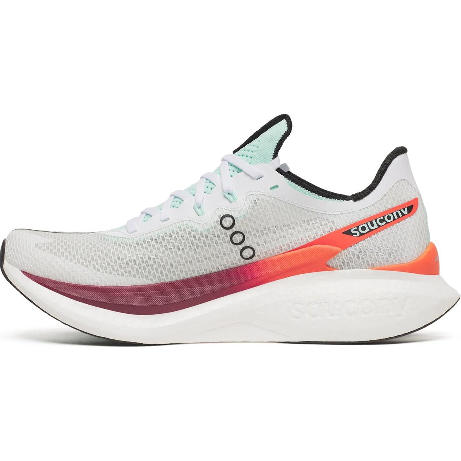 Men's Saucony Endorphin Pro 5 Running Shoes White Crimson inner side view showing PWRRUN PB base with carbon plate and enhanced SpeedRoll technology
