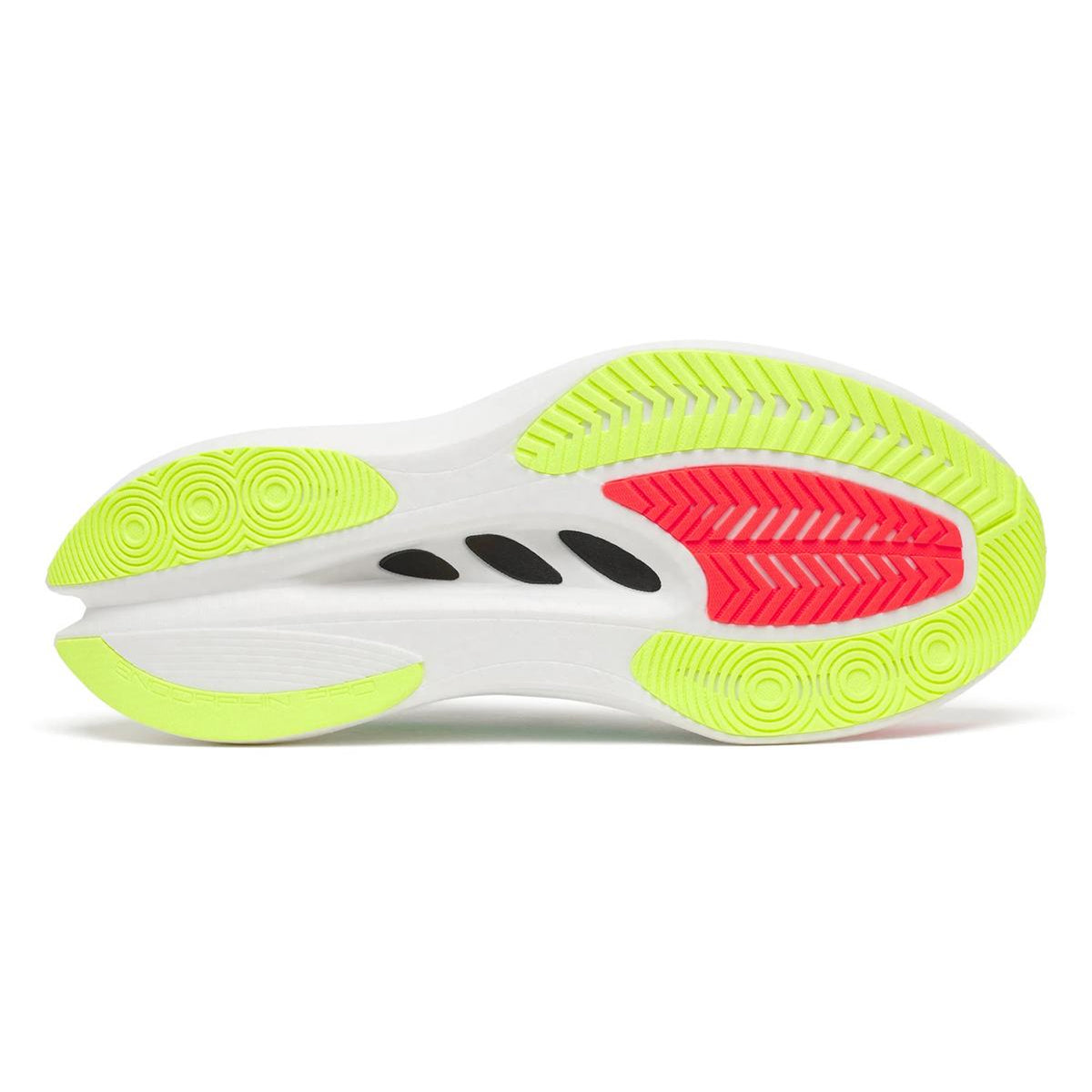 Men's Saucony Endorphin Pro 5 Running Shoes White Multi sole view displaying PWRTRAC rubber outsole with improved grip and surface abrasion resistance for race day traction